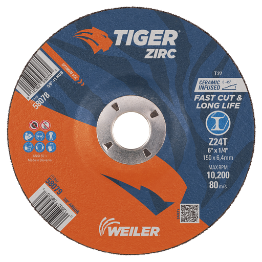 6" x 1/4" TIGER ZIRC Type 27 Grinding Wheel, Z24T, 7/8" A.H.