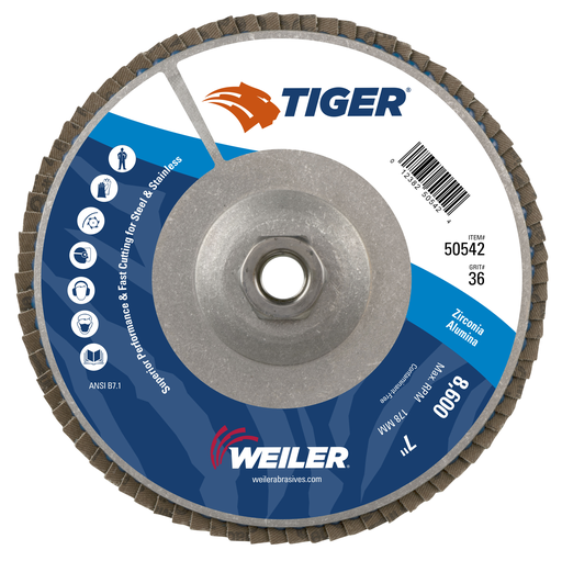 7" Tiger Disc Abrasive Flap Disc, Conical (TY29), Aluminum Backing, 36Z, 5/8"-11 UNC Nut