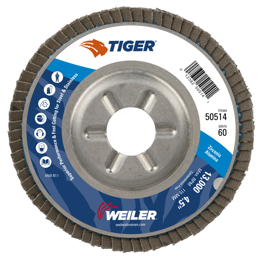 4-1/2" Tiger Disc Abrasive Flap Disc, Conical (TY29), Aluminum Backing, 60Z, 7/8" Arbor Hole
