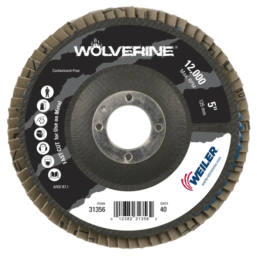 5" Wolverine Abrasive Flap Disc, Conical (TY29), Phenolic Backing, 40Z, 7/8" Arbor Hole