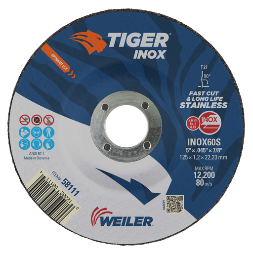 5" x .045" TIGER INOX Type 27 Cutting Wheel, INOX60S, 7/8" A.H.