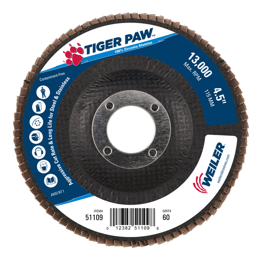 4-1/2" Tiger Paw Abrasive Flap Disc, Flat (TY27), Phenolic Backing, 60Z, 7/8" Arbor Hole