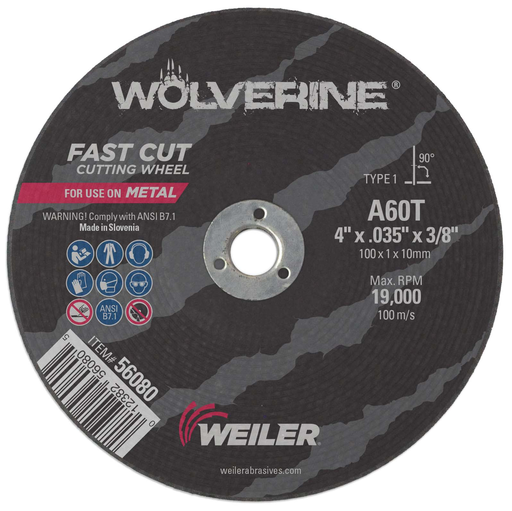 4" x .035" Wolverine Type 1 Cut-Off Wheel, A60T, 3/8" A.H.