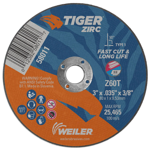 3" x .035" Tiger Zirc Type 1 Cut-Off Wheel, Z60T, 3/8" A.H.