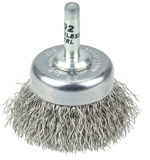 1-3/4" Crimped Wire Utility Cup Brush, .0118" Stainless Steel Fill, 1/4" Stem