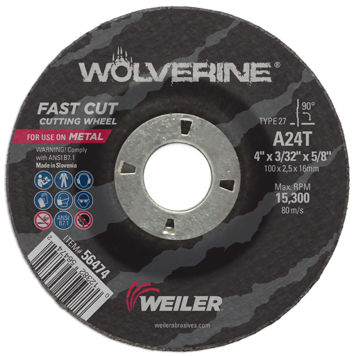 4" x 3/32" Wolverine Type 27 Cutting Wheel, A24T, 5/8" A.H.