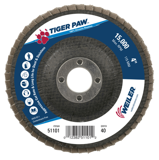 4" Tiger Paw Abrasive Flap Disc, Flat (TY27), Phenolic Backing, 40Z, 5/8" Arbor Hole