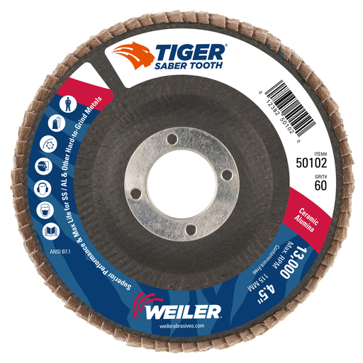 4-1/2" Tiger Ceramic Abrasive Flap Disc, Conical (TY29), Phenolic Backing, 60C, 7/8" Arbor Hole