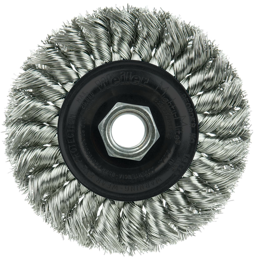 4" Standard Twist Knot Wire Wheel, .014" Stainless Steel Fill, 5/8"-11 UNC Nut
