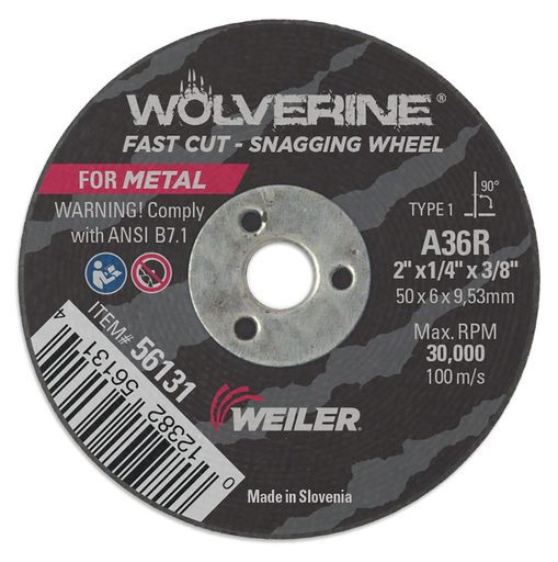 2" x 1/4" WOLVERINE Type 1 Snagging Wheel, A36R, 3/8" A.H.