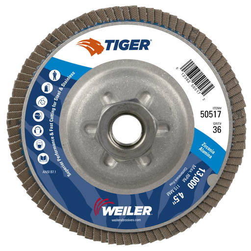 4-1/2" Tiger Disc Abrasive Flap Disc, Conical (TY29), Aluminum Backing, 36Z, 5/8"-11 UNC Nut
