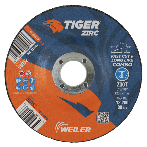 5" x 1/8" TIGER ZIRC Type 27 Cut/Grind Combo Wheel, Z30T, 7/8" A.H.