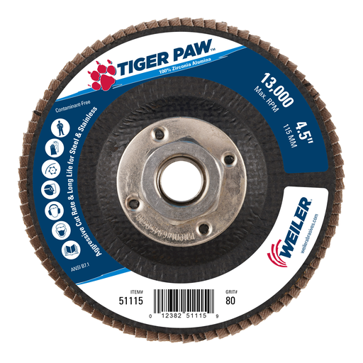 4-1/2" Tiger Paw Abrasive Flap Disc, Flat (TY27), Phenolic Backing, 80Z, 5/8"-11 UNC Nut