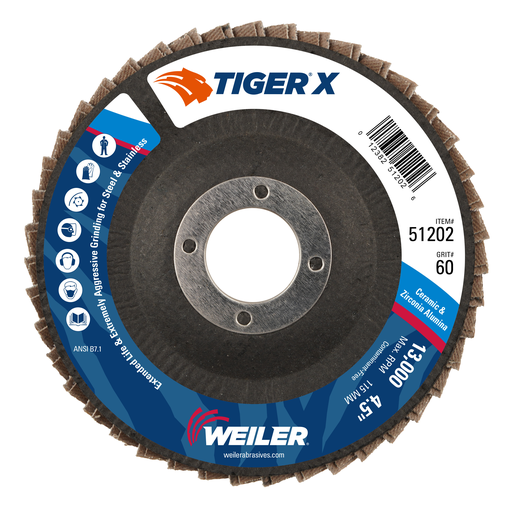 4-1/2" Tiger X Flap Disc, Angled (TY29), Phenolic Backing, 60Z, 7/8" Arbor Hole