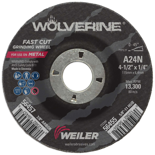 4-1/2" x 1/4" Wolverine Type 27 Grinding Wheel, A24N, 7/8" A.H.