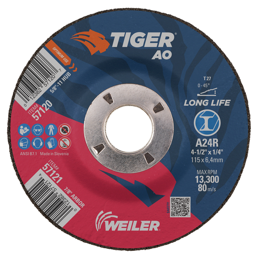4-1/2" x 1/4" TIGER AO Type 27 Grinding Wheel, A24R, 7/8" A.H.