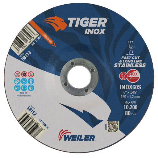 6" x .045" TIGER INOX Type 27 Cutting Wheel, INOX60S, 7/8" A.H.