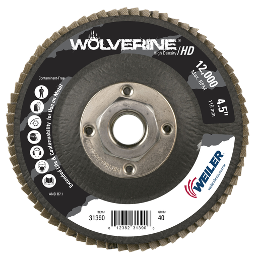 4-1/2" Wolverine High Density Flap Disc, Flat (TY27), Phenolic Backing, 40Z, 5/8"-11 UNC Nut