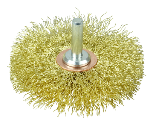 3" Narrow Face Stem-Mounted Crimped Wire Wheel, .0118" Brass Fill, 1/4" Stem