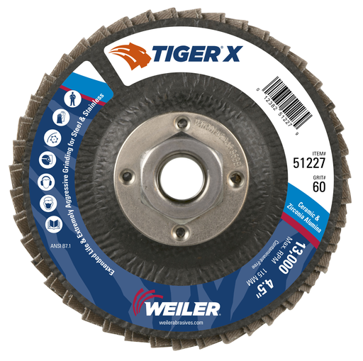 4-1/2" Tiger X Flap Disc, Flat (TY27), Phenolic Backing, 60Z, 5/8-11" Arbor Hole