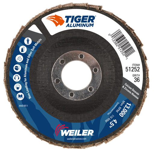 4-1/2" Tiger Aluminum Flap Disc, Flat (TY27), Phenolic Backing, 36Z, 7/8" Arbor Hole