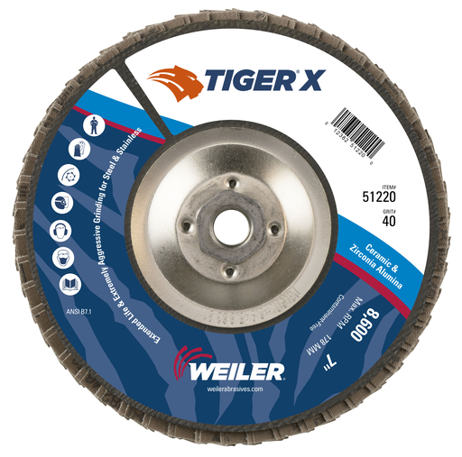 7" Tiger X Flap Disc, Conical (TY29), Phenolic Backing, 40Z, 5/8-11" Arbor Hole
