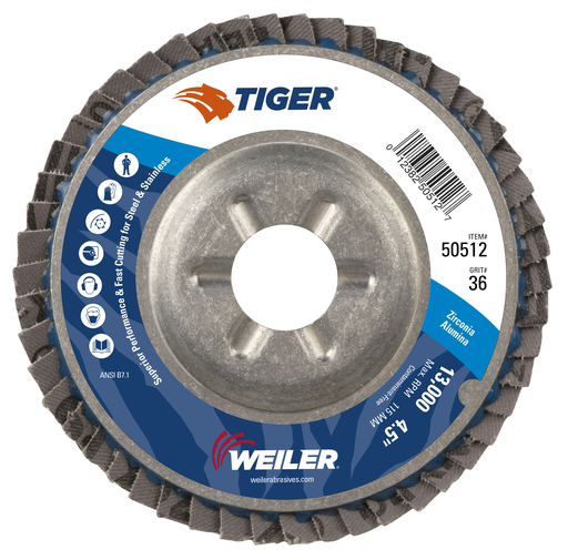 4-1/2" Tiger Disc Abrasive Flap Disc, Conical (TY29), Aluminum Backing, 36Z, 7/8" Arbor Hole
