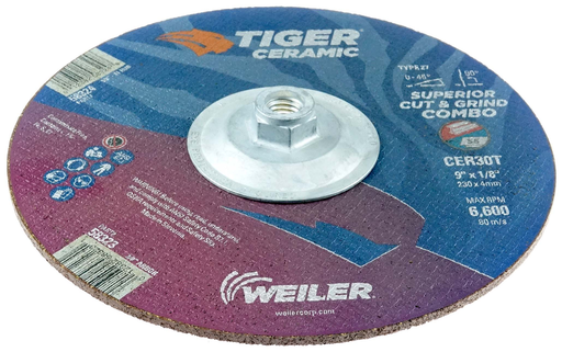 9" x 1/8" TIGER CERAMIC Type 27 Cut/Grind Combo Wheel CER30T 5/8-11 Nut