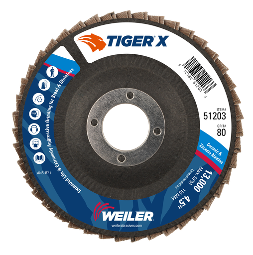 4-1/2" Tiger X Flap Disc, Angled (TY29), Phenolic Backing, 80Z, 7/8" Arbor Hole
