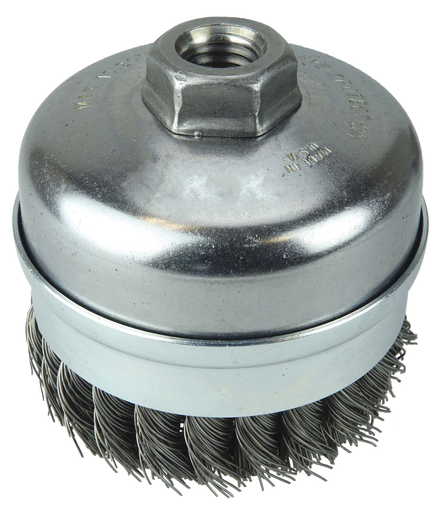 4" Single Row Knot Wire Cup Brush, Banded, .023" Steel Fill, 5/8"-11 UNC Nut