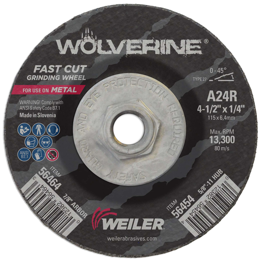 4-1/2" x 1/4" Wolverine Type 27 Grinding Wheel, A24R, 5/8"-11 Nut