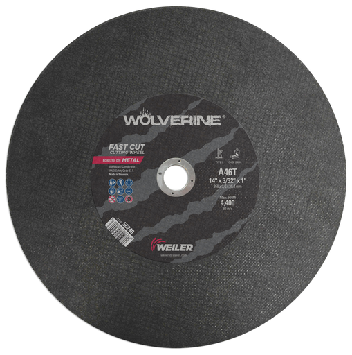 14" x 3/32" Wolverine Type 1 Large Cutting Wheel, A46T, 1" A.H., Chop Saw