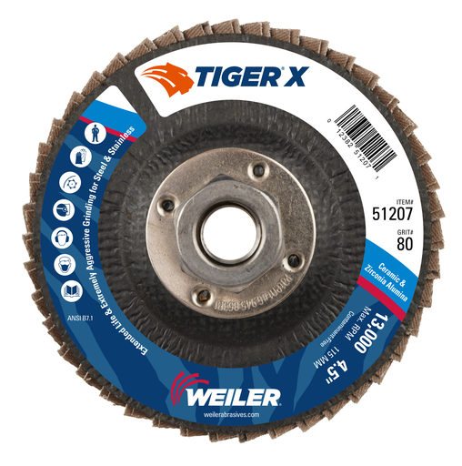 4-1/2" Tiger X Flap Disc, Conical (TY29), Phenolic Backing, 80Z, 5/8"-11 UNC Nut