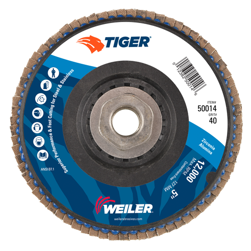 5" Tiger Trim Abrasive Flap Disc, Conical (TY29), Trimmable Backing, 40Z, 5/8"-11 UNC Nut