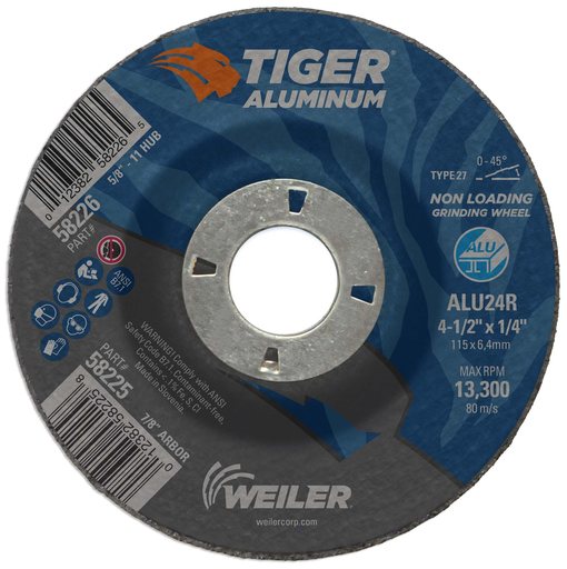 4-1/2" x 1/4" TIGER ALUMINUM Type 27 Grinding Wheel ALU24R 7/8 A.H.