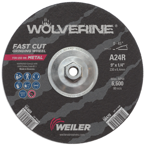 9" x 1/4" Wolverine Type 27 Grinding Wheel, A24R, 5/8"-11 Nut
