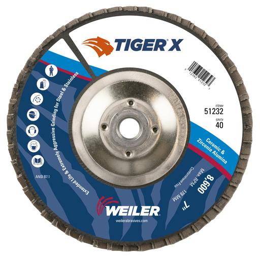 7" Tiger X Flap Disc, Flat (TY27), Phenolic Backing, 40Z, 5/8-11" Arbor Hole