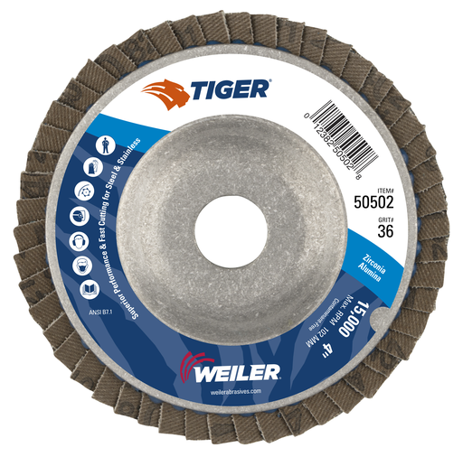 4" Tiger Disc Abrasive Flap Disc, Conical (TY29), Aluminum Backing, 36Z, 5/8" Arbor Hole