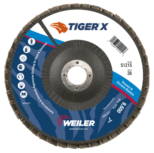 7" Tiger X Flap Disc, Conical (TY29), Phenolic Backing, 36Z, 7/8" Arbor Hole