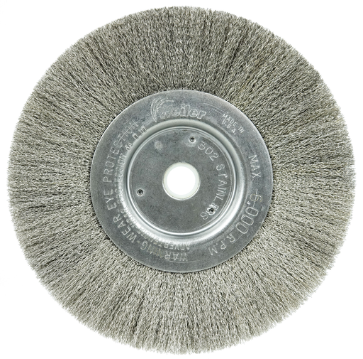 6" Narrow Face Crimped Wire Wheel, .006" Stainless Steel Fill, 5/8"-1/2" Arbor Hole
