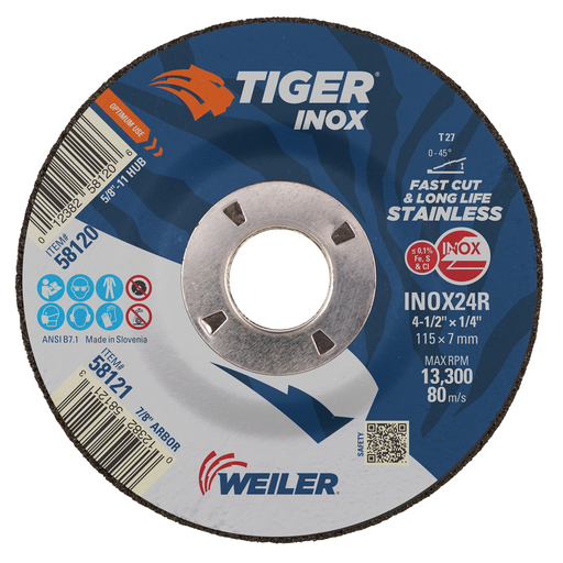 4-1/2" x 1/4" TIGER INOX Type 27 Grinding Wheel, INOX24R, 7/8" A.H.