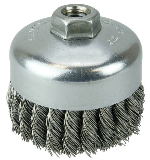 4" Single Row Knot Wire Cup Brush, .023" Steel Fill, 5/8"-11 UNC Nut