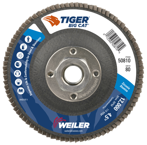 4-1/2" Big Cat Abrasive Flap Disc, Flat (TY27), Phenolic Backing, 80Z, 5/8"-11 UNC Nut