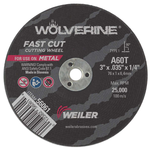 3" x .035" Wolverine Type 1 Cut-Off Wheel, A60T, 1/4" A.H.