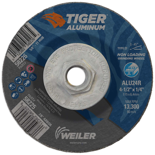 4-1/2" x 1/4" TIGER ALUMINUM Type 27 Grinding Wheel ALU24R 5/8-11 Nut