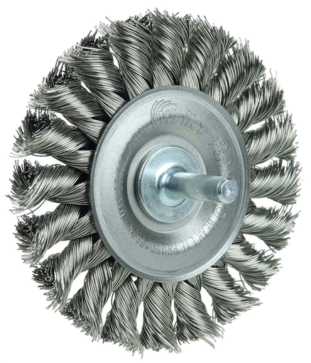 3-1/4" Stem-Mounted Knot Wire Wheel, .014" Stainless Steel Fill, 1/4" Stem