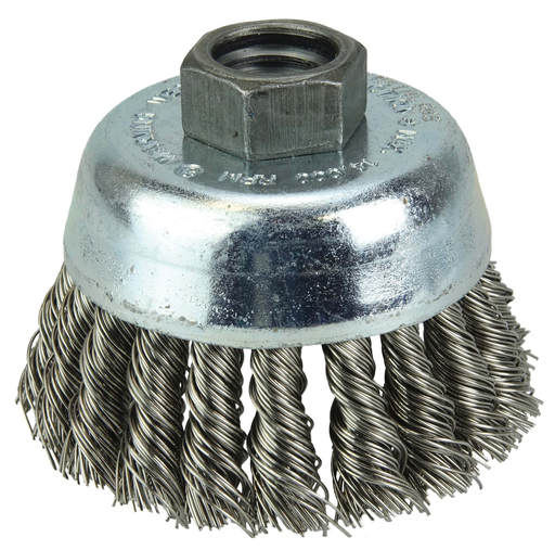 Wolverine 3" Knot Wire Cup Brush, .020" Stainless Steel Fill, 5/8"-11 UNC Nut