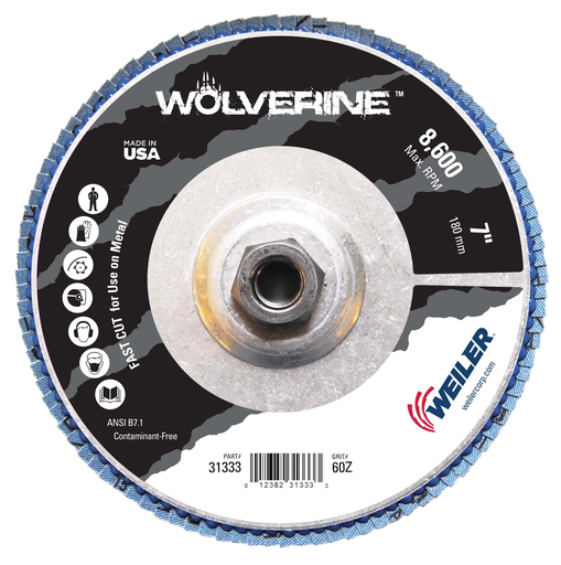 7" Wolverine Abrasive Flap Disc, Conical (TY29), Aluminum Backing, 60Z, 5/8"-11 UNC Nut