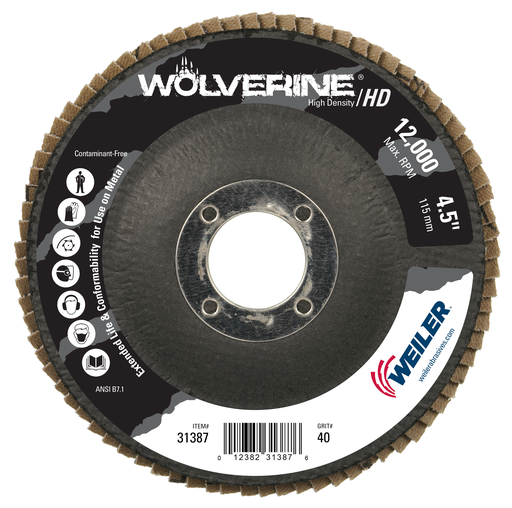 4-1/2" Wolverine High Density Flap Disc, Flat (TY27), Phenolic Backing, 40Z, 7/8" Arbor Hole