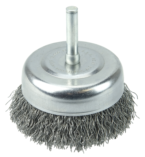 2-1/2" Crimped Wire Utility Cup Brush, .014" Steel Fill, 1/4" Stem